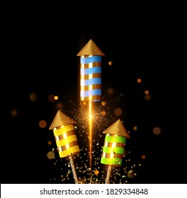 Fireworks set rocket with glitter confetti. Festive light sparkling flash firework. Celebrate Background with firecrackers. Holiday Realistic decoration 3d object. vector illustration