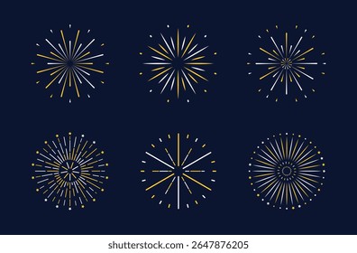 Conjunto de fogos de artifício. Provoca elementos decorativos brancos amarelos para o ano novo, aniversário, banner de férias, cartaz, folheto, cartão de saudação. Ícone de detalhamento redondo. Explosão pirotécnica brilhante para design de festival
