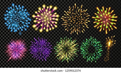 Fireworks Set Vector. Festive Carnival Night Sky. Bursting Sparkling Star Petard Light Effect. Holiday Anniversary Salute Burst. Isolated On Transparent Background Realistic Illustration
