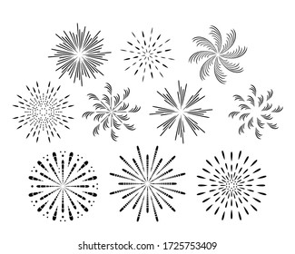 Fireworks set. Vector flat illustration of celebration firecracker isolated on white background. Elements for festive design.