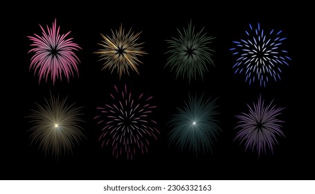 Fireworks set vector illustration isolated on black background. Colorful fireworks collection.