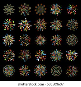 Fireworks set vector salute festival different shapes colorful festive birthday party New year celebration firework display isolated illustration.