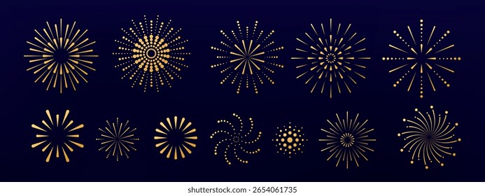 Fireworks set. Vector sparks. Holiday symbols, design elements. Firework explosions. 