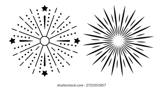 Ícone de forma do Fireworks. Ilustração de vetor preto e branco, fogos de artifício festivos. Banner do ano novo. Feliz festa de comemoração com fogos de artifício pretos.