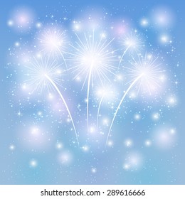 Fireworks shine on the blue background, illustration.