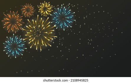 Fireworks shining sparks. Fireworks explosions object for festival background. Celebrate Lighting effect isolated vector illustration.
