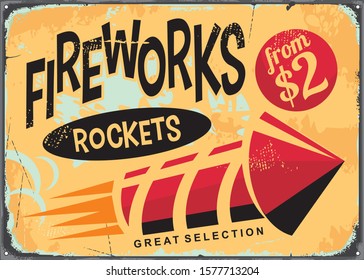 Fireworks Shop Sign With Rocket And Sparkles. Vintage Festive Sign On Yellow Background. Retro Vector Illustration.