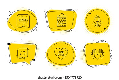 Fireworks, Shopping bag and Hold heart signs. Chat bubbles. Winner ticket, For ever and Smile chat line icons set. Carousels award, Love sweetheart, Happy face. Christmas pyrotechnic. Vector