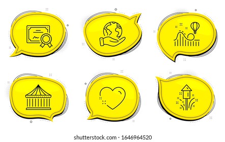 Fireworks sign. Diploma certificate, save planet chat bubbles. Roller coaster, Heart and Carousels line icons set. Attraction park, Love, Christmas pyrotechnic. Holidays set. Outline icons set. Vector