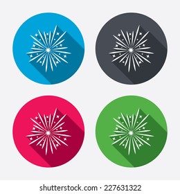 Fireworks sign icon. Explosive pyrotechnic show symbol. Circle buttons with long shadow. 4 icons set. Vector