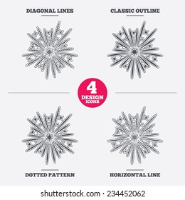Fireworks sign icon. Explosive pyrotechnic show symbol. Diagonal and horizontal lines, classic outline, dotted texture. Pattern design icons.  Vector