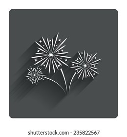 Fireworks sign icon. Explosive pyrotechnic show symbol. Gray flat square button with shadow. Modern UI website navigation. Vector