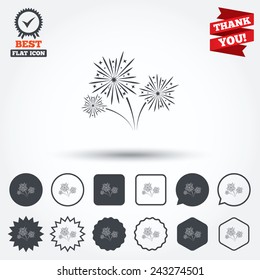 Fireworks sign icon. Explosive pyrotechnic show symbol. Circle, star, speech bubble and square buttons. Award medal with check mark. Thank you ribbon. Vector