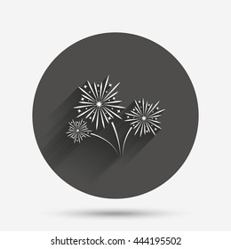 Fireworks sign icon. Explosive pyrotechnic show symbol. Circle flat button with shadow. Vector