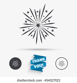 Fireworks sign icon. Explosive pyrotechnic show symbol. Flat icons. Buttons with icons. Thank you ribbon. Vector