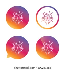 Fireworks sign icon. Explosive pyrotechnic show symbol. Gradient buttons with flat icon. Speech bubble sign. Vector