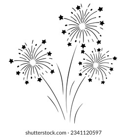 Fireworks. Silhouette. Bright sparks and stars fly in different directions. Pyrotechnic sky flowers. Vector illustration. Flash for a holiday event. Outlines on an isolated background. 