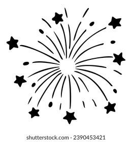 Fireworks. Silhouette. Flashes of multi-colored sparks from pyrotechnics. Vector illustration. Exploding fireworks in the form of stars for a festive event. Isolated background. Cartoon style. 