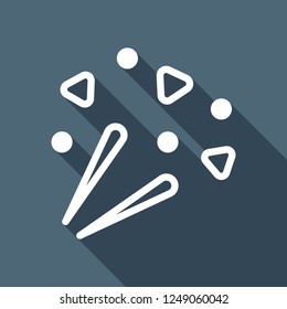 Fireworks with simple elements. Celebration icon. White flat icon with long shadow on blue background