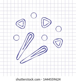 Fireworks with simple elements. Celebration icon. Hand drawn picture on paper sheet. Blue ink, outline sketch style. Doodle on checkered background