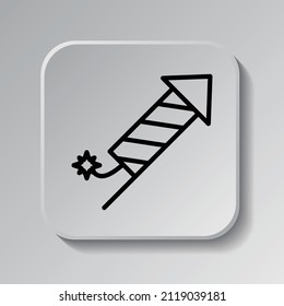 Icono simple de fuegos artificiales. Diseño plano. Icono negro en botón cuadrado con sombra. Fondo gris.ai