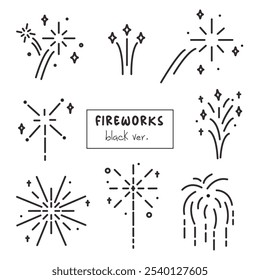 Conjunto de iconos de línea simple de Fireworks. Colección de ícono de fuegos artificiales minimalista. Fuegos artificiales, confeti, chispas, saludos, iconos de Petard. Feliz Año Nuevo Arte para Celebraciones y Días festivos. Elegante petardo