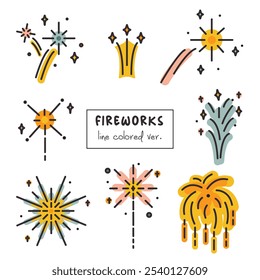 Conjunto de iconos de línea simple de Fireworks. Colección de ícono de fuegos artificiales minimalista. Fuegos artificiales, confeti, chispas, saludos, iconos de Petard. Feliz Año Nuevo Arte para Celebraciones y Días festivos. Elegante petardo