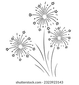 Fireworks. Sketch. Bright sparks and stars fly in different directions. Pyrotechnic sky flowers. Vector illustration. Flash for a holiday event. Outlines on an isolated background. Doodle style. 