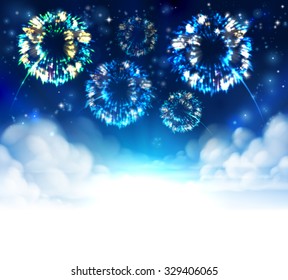 Feu d'artifice, arrière-plan ciel avec nuages et étoiles. S'aplatit en blanc en bas pour une utilisation facile comme conception de bordure ou en-tête. 