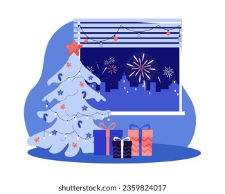 Fireworks in sky behind window vector illustration. Christmas tree, gift boxes and colorful garland for home decoration and celebrating holidays. Christmas celebration, winter, event concept