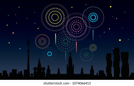 Fireworks in sky of Moscow. Vector illustration.