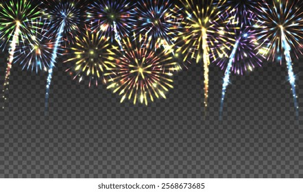 Fireworks in the sky on transparent background, Christmas background for holiday design, vector illustration