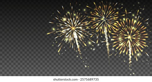 Fireworks in the sky on transparent background, Christmas background for holiday design, vector illustration