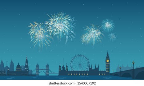 Fireworks in the sky over the city. Sights of London panorama vector silhouette dark blue illustration. Old and modern famous buildings illuminated. 