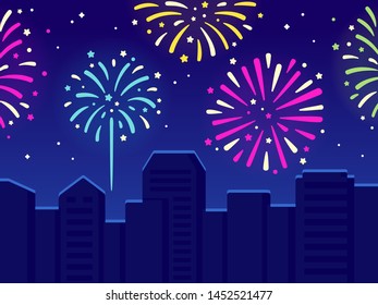 Fireworks in the sky over night city. New years or Independence day celebration vector illustration.