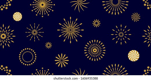 Fireworks in the sky. Seamless vector pattern with golden elements. Template for cards, gift wrappings and textile design. On black background.