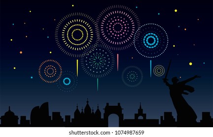 Fireworks in sky of Volgograd. Vector illustration.