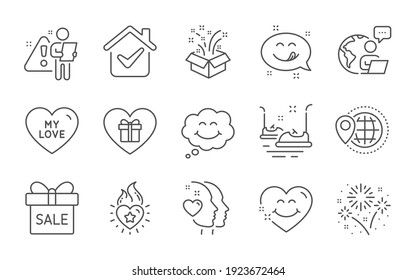 Fireworks, Smile and Sale offer line icons set. Romantic gift, My love and Gift signs. Heart, World travel and Yummy smile symbols. Bumper cars, Heart flame. Pyrotechnic salute, Comic chat. Vector