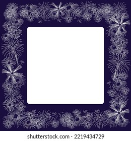 Feuerwerkskörper oder Schneeflocken Rahmen oder Rahmen. Dunkelviolett oder blauer Hintergrund. Weißer leerer Platz für Text oder Bild. Karte, Einladung, Banner, Postvorlage.