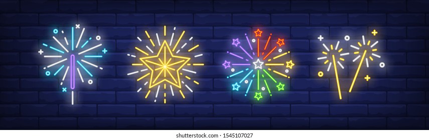 Fireworks and sparklers neon signs set. Holiday, anniversary, pyrotechnics design. Night bright neon sign, colorful billboard, light banner. Vector illustration in neon style.