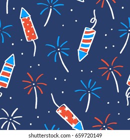 Fireworks and sparklers on a dark background. Seamless pattern for Independence Day. Vector illustration