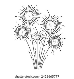 Fireworks sparkles and rays of fire line icon. Thin black outline silhouette of firecracker explosion, group of firework display monochrome icon, festive congratulation element vector illustration