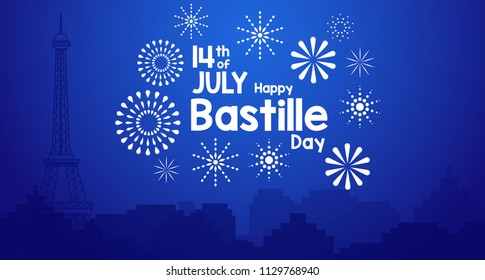 Fireworks Special Happy Bastille Day 2018 Combination Creative Design with blue background