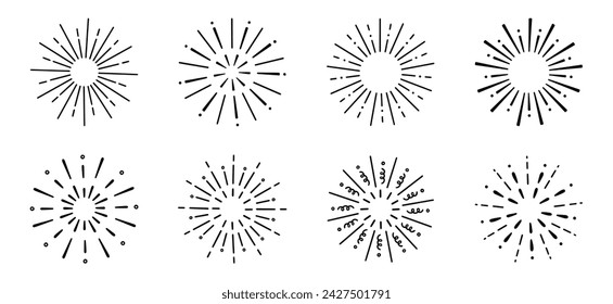 Fireworks, star burst doodle set.  Festive fireckrackers, sunburst explosion, Sparkles in sketch style. Hand drawn vector illustration isolated on white background