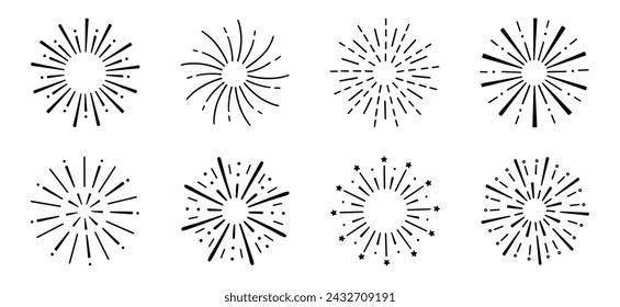Fireworks, star burst doodle set.  Festive fireckrackers, sunburst explosion, Sparkles in sketch style. Hand drawn vector illustration isolated on white background