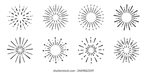 Fireworks, star burst doodle set.  Festive fireckrackers, sunburst explosion, Sparkles in sketch style. Hand drawn vector illustration isolated on white background