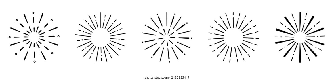 Fireworks, star burst doodle set.  Festive fireckrackers, sunburst explosion, Sparkles in sketch style. Hand drawn vector illustration isolated on white background