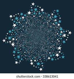 Fireworks Star Flower vector illustration. This Christmas Pyrotechnic illustration is drawn with blue and white flat bright stars on a dark blue background.