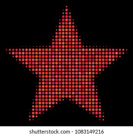 Fireworks star halftone vector icon. Illustration style is pixel iconic fireworks star symbol on a black background. Halftone pattern is created with spheric dots.