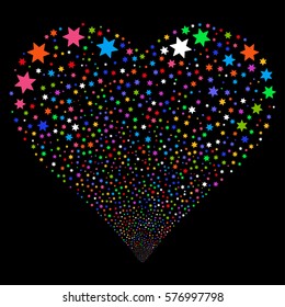 Fireworks Star fireworks with heart shape. Vector illustration style is flat bright multicolored iconic symbols on a black background. Object salute done from confetti design elements.